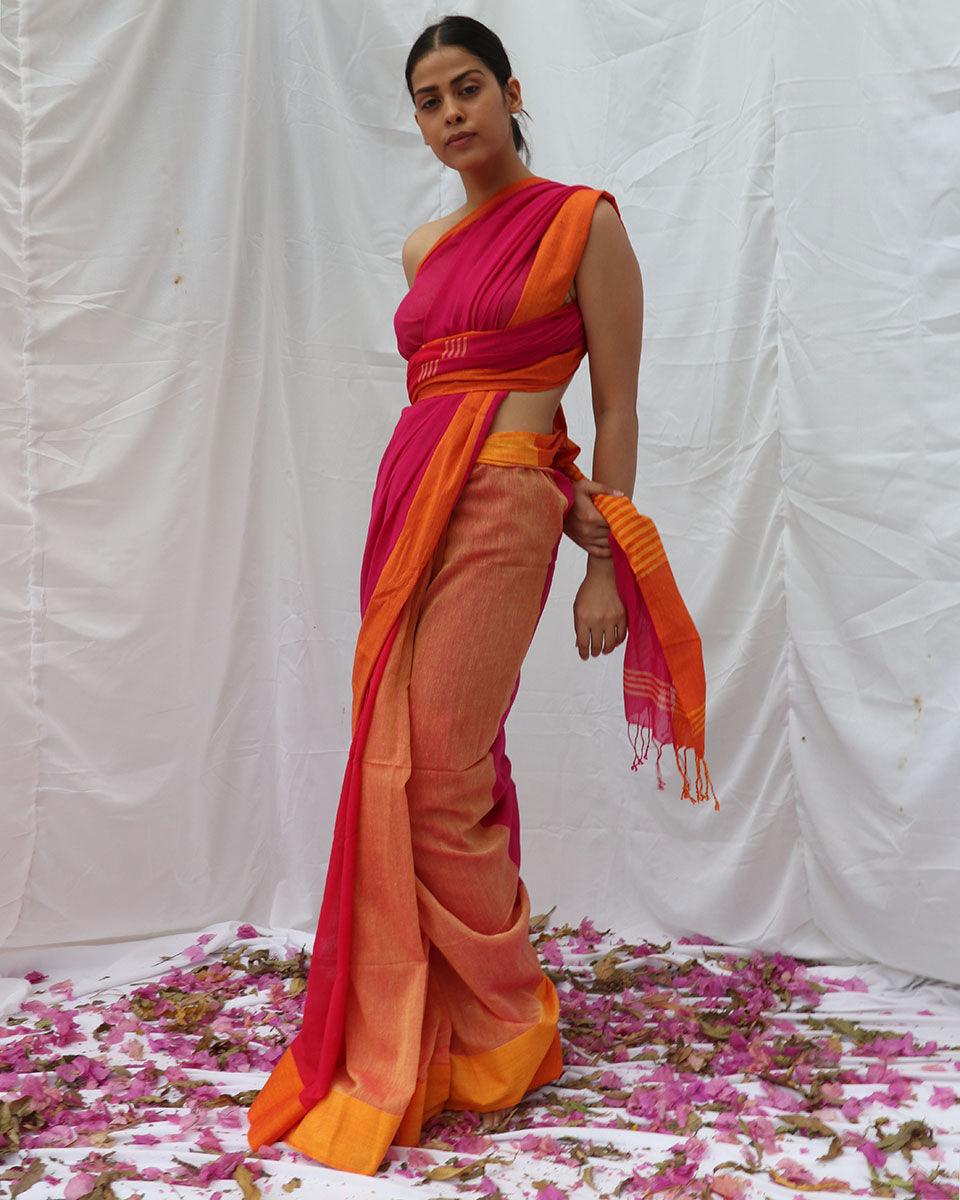 Khwab Pink Orange Handwoven Cotton Saree - LIDD