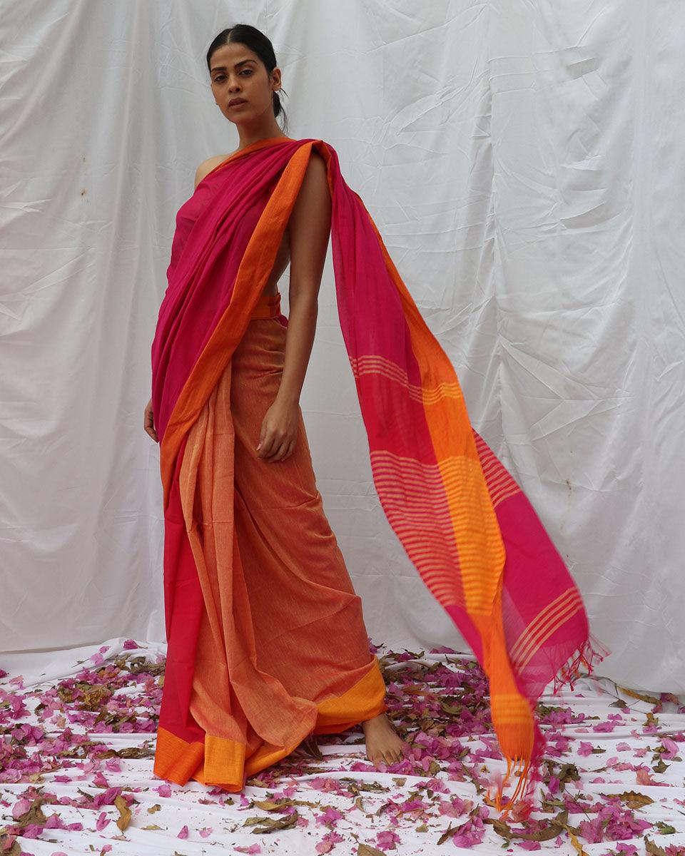 Khwab Pink Orange Handwoven Cotton Saree - LIDD