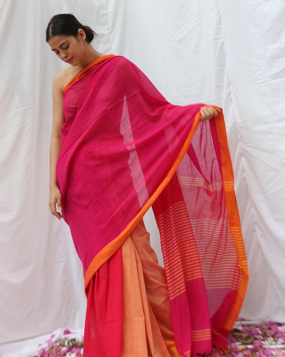 Khwab Pink Orange Handwoven Cotton Saree - LIDD