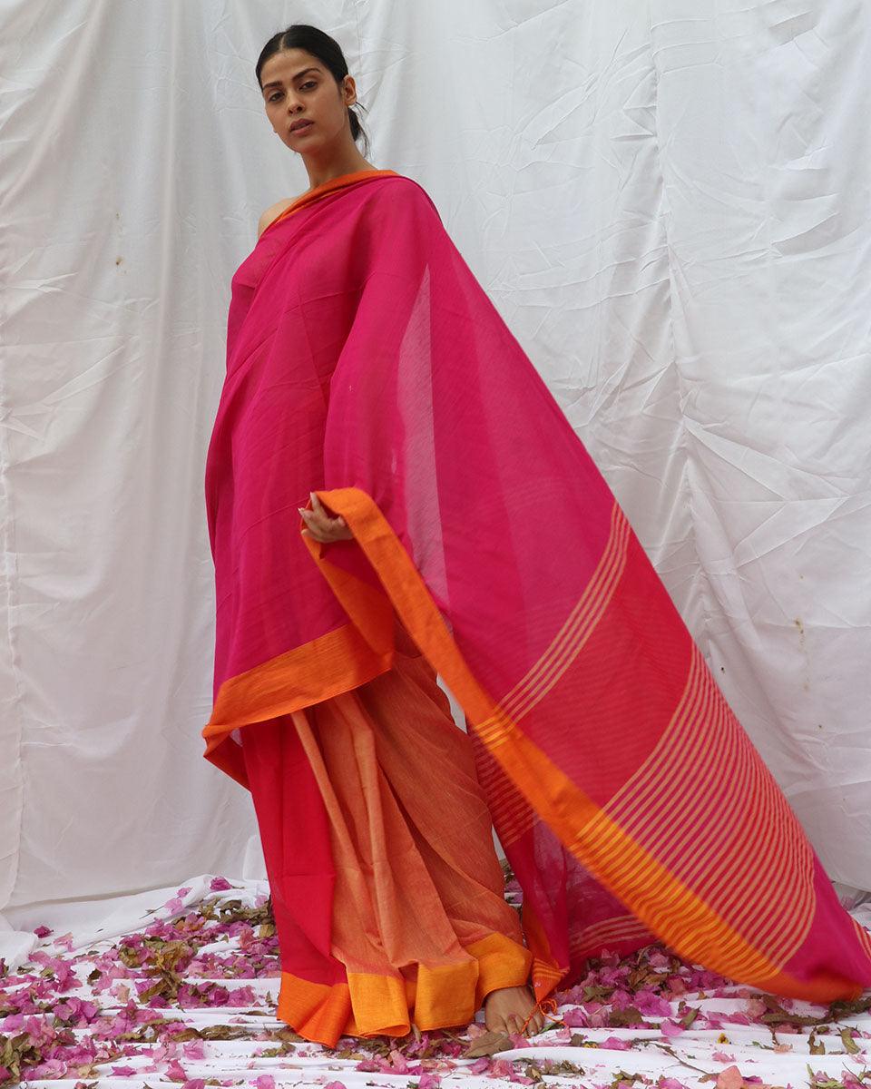 Khwab Pink Orange Handwoven Cotton Saree - LIDD
