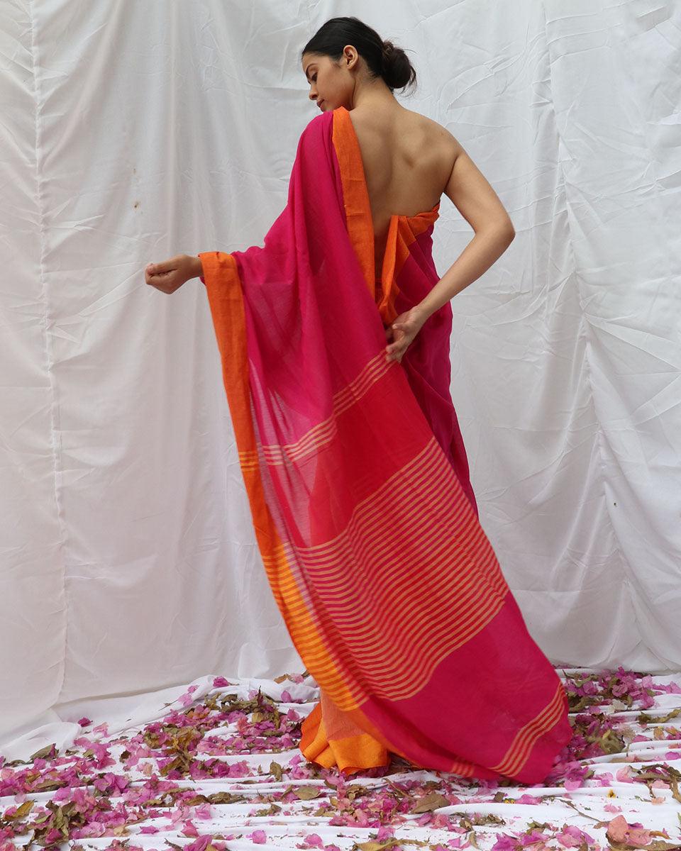 Khwab Pink Orange Handwoven Cotton Saree - LIDD