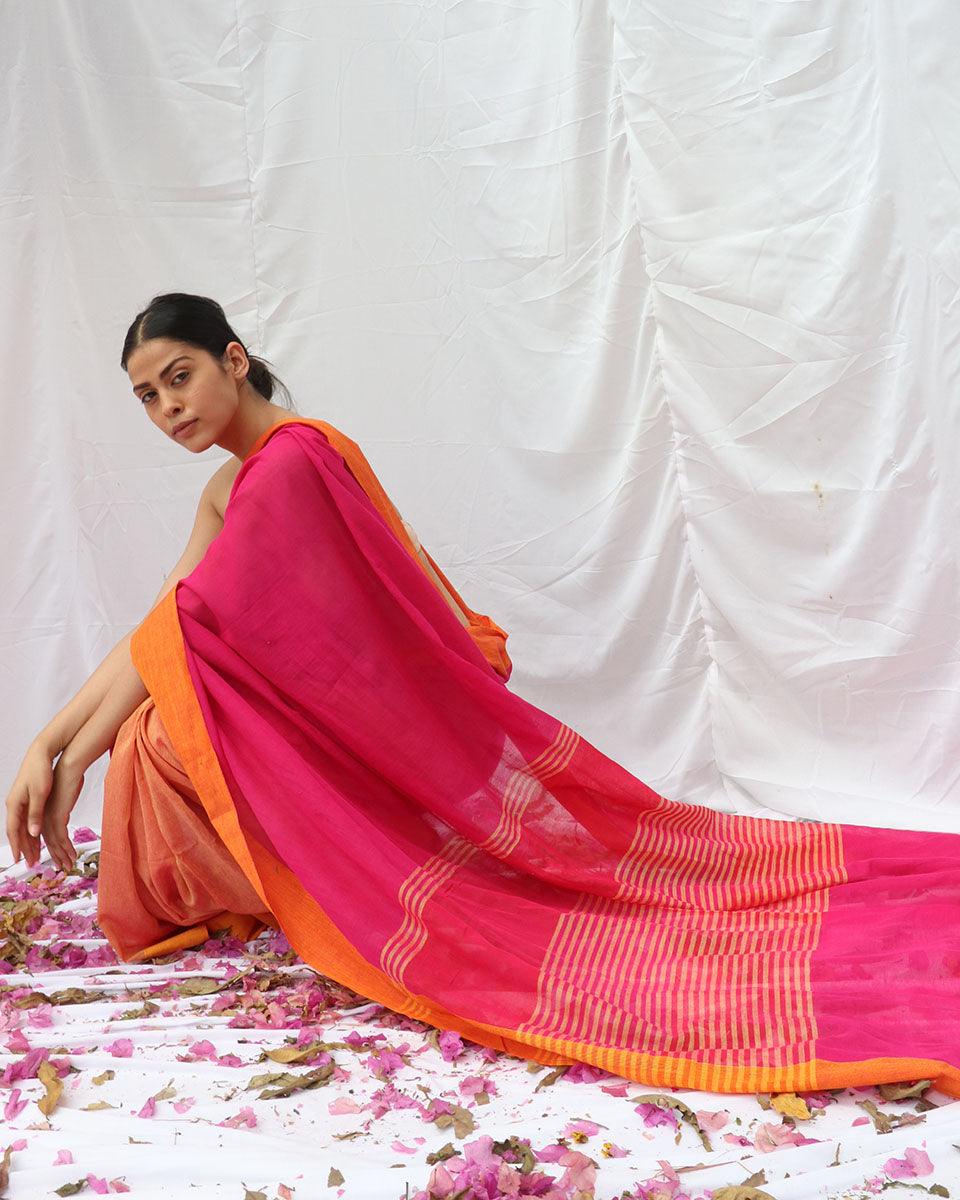 Khwab Pink Orange Handwoven Cotton Saree - LIDD