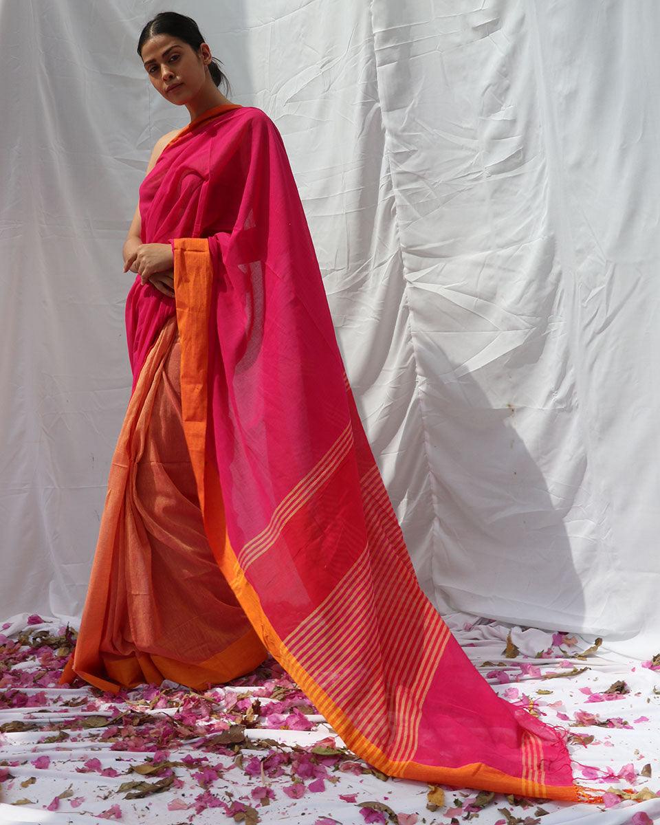 Khwab Pink Orange Handwoven Cotton Saree - LIDD