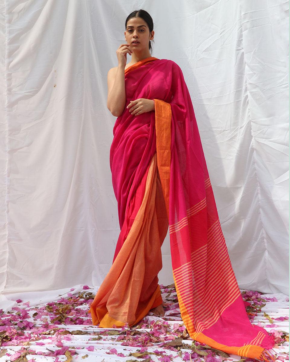 Khwab Pink Orange Handwoven Cotton Saree - LIDD