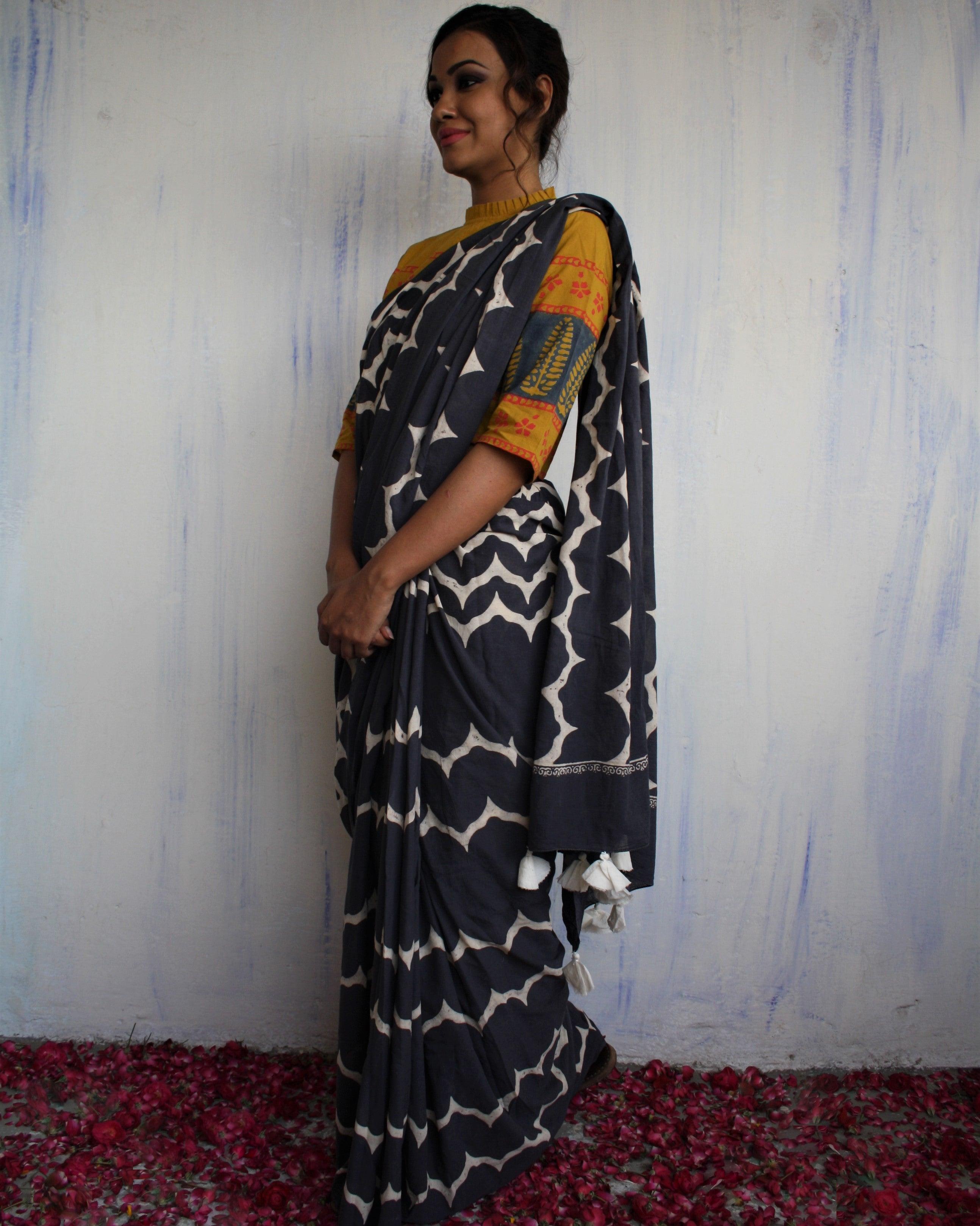 Midnight Blue & White Printed Pure Cotton Saree