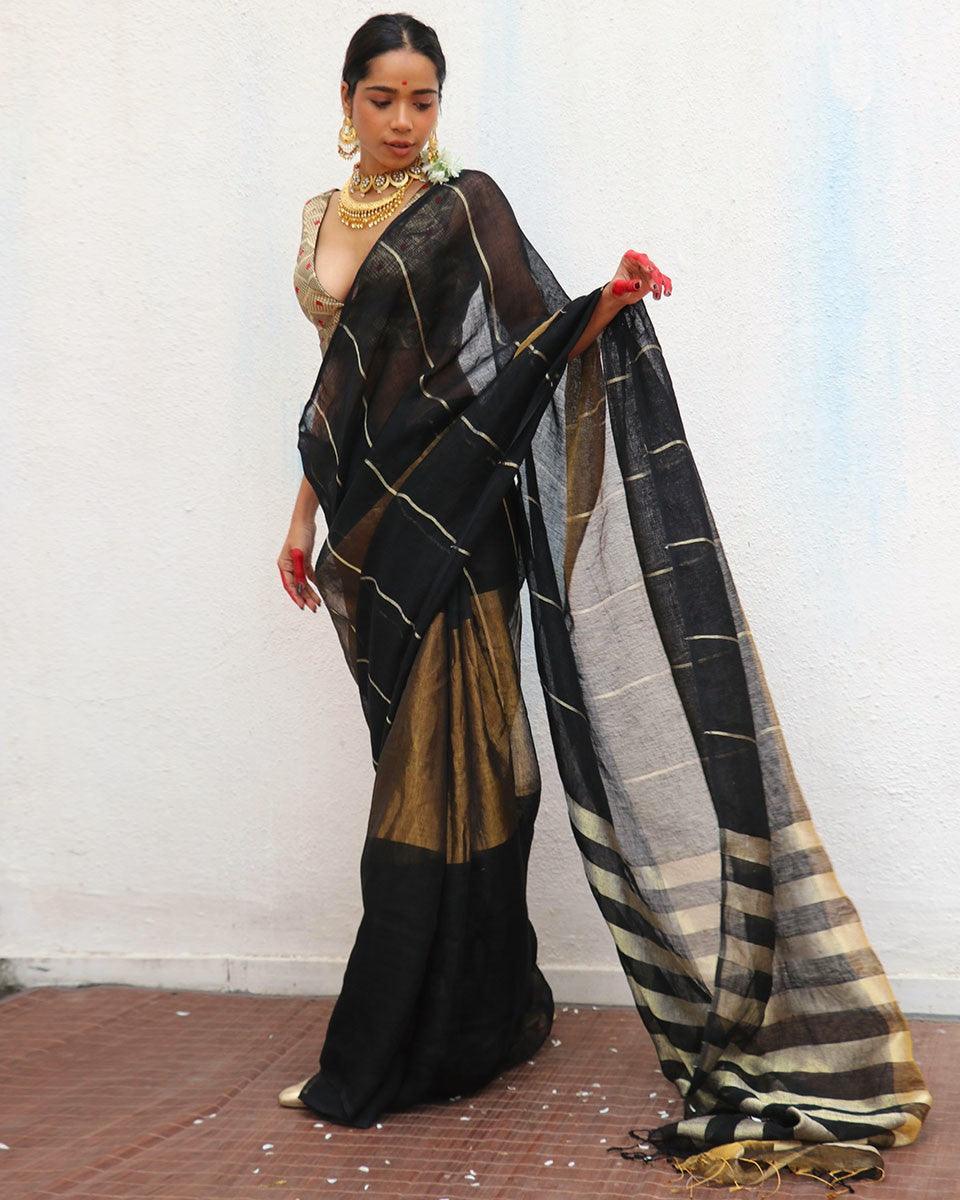 Mrinmoyee Handwoven Linen Zari Saree
