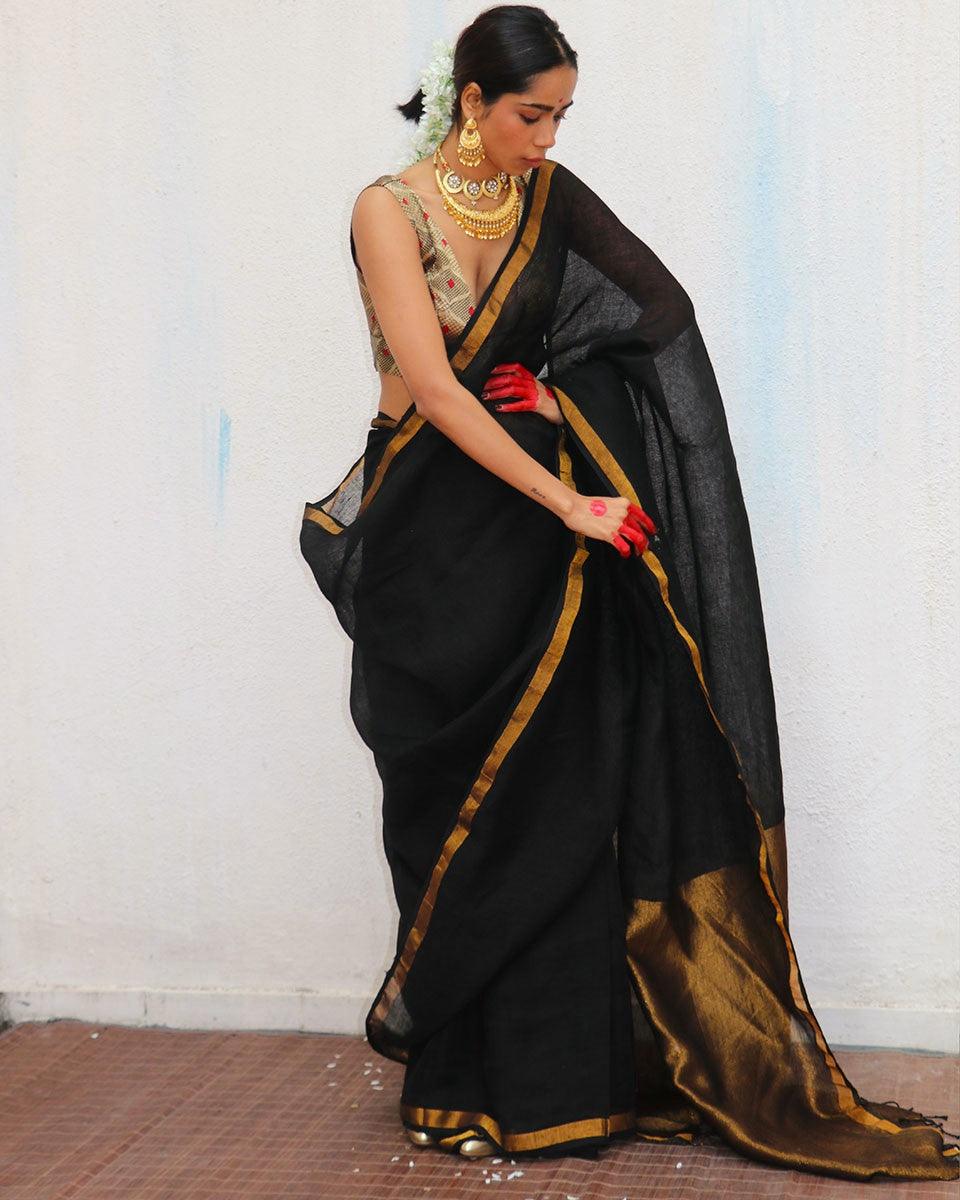 Linen saree | Linen zari saree | Linen saree online | Chidiyaa