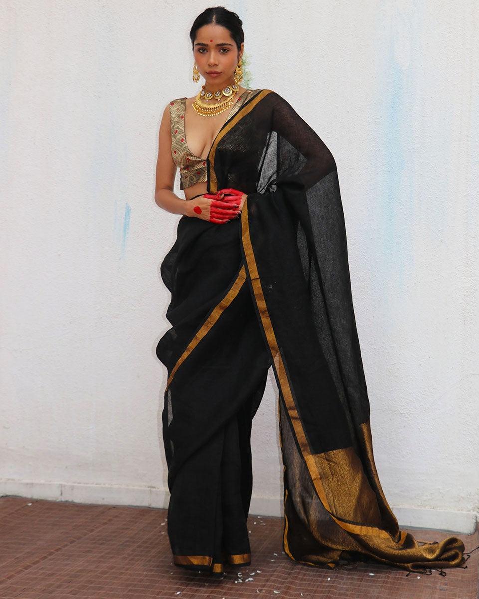 Linen saree | Linen zari saree | Linen saree online | Chidiyaa