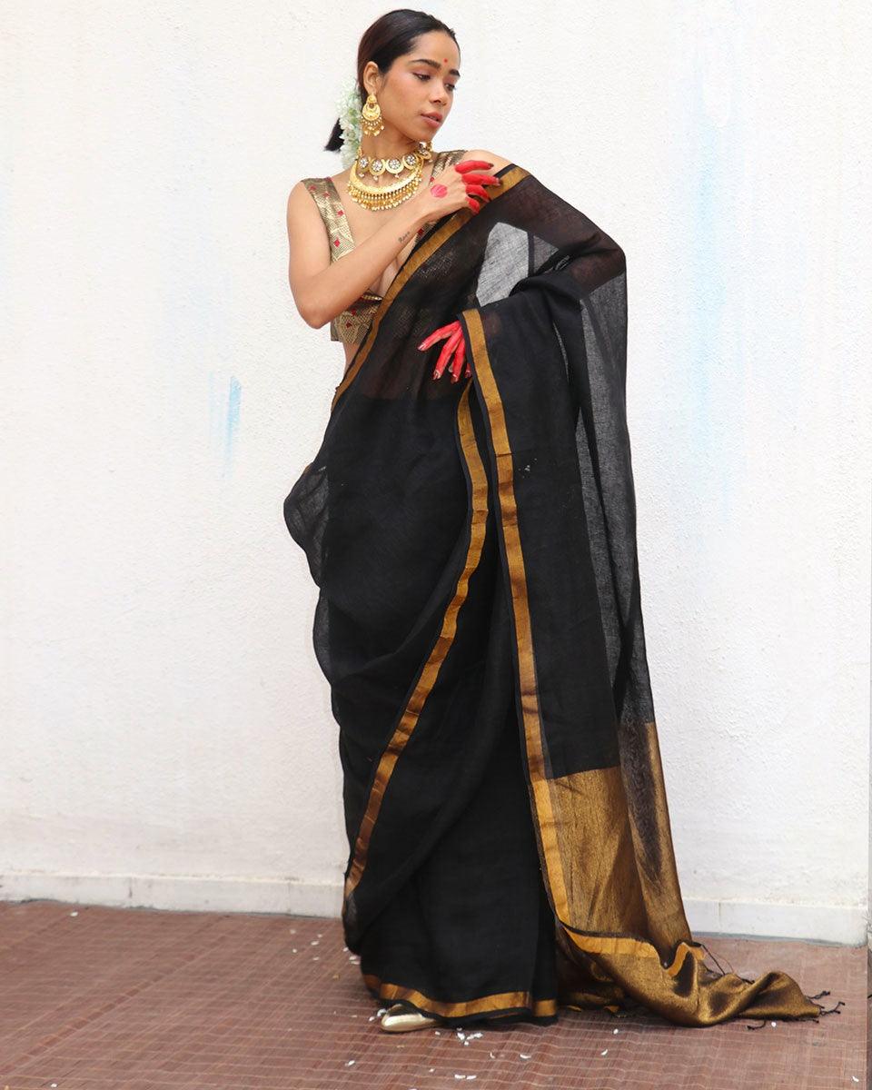 Linen saree | Linen zari saree | Linen saree online | Chidiyaa