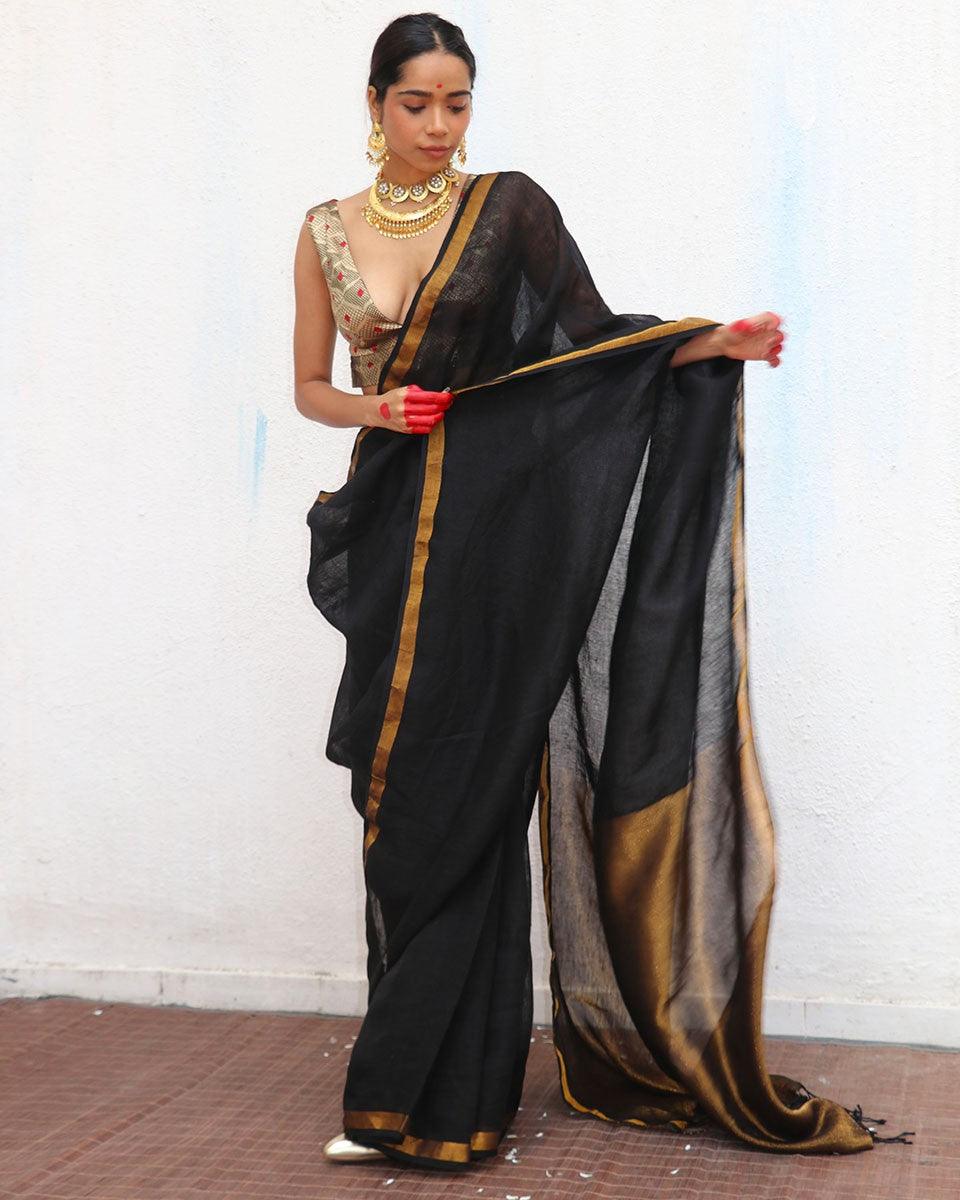 Linen saree | Linen zari saree | Linen saree online | Chidiyaa