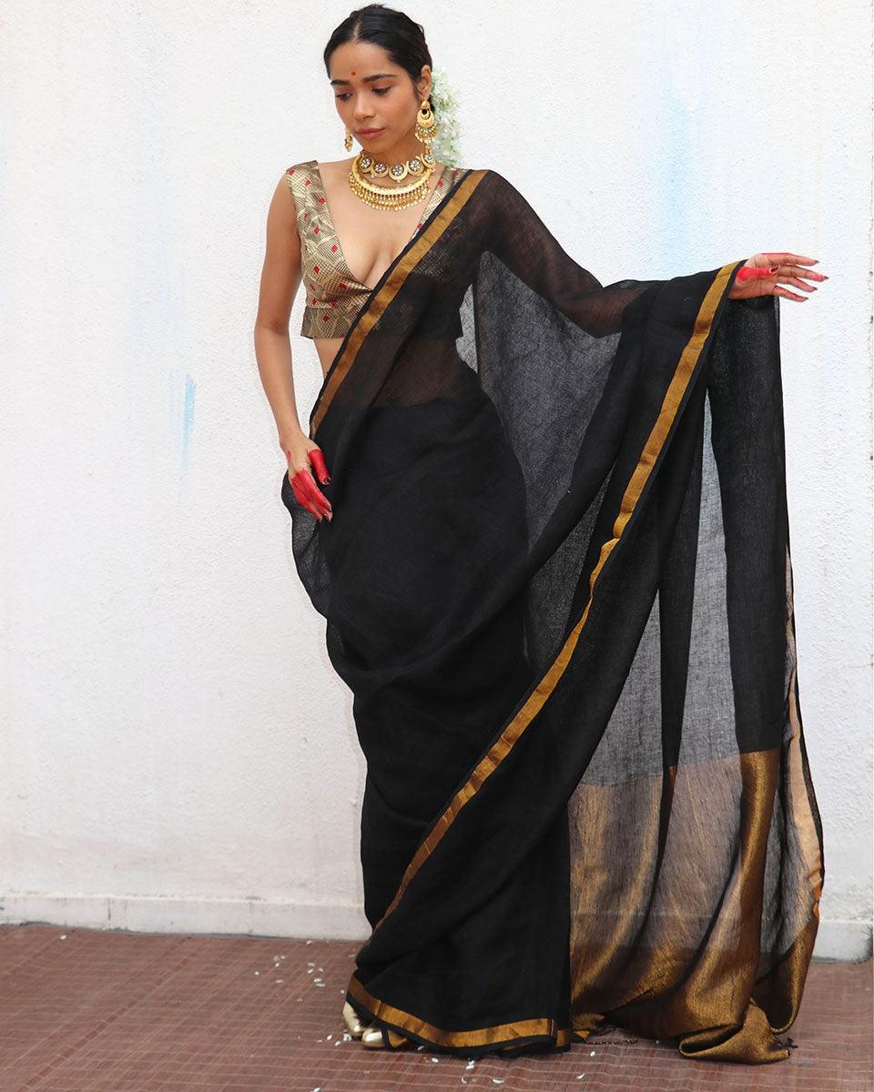 Linen saree | Linen zari saree | Linen saree online | Chidiyaa