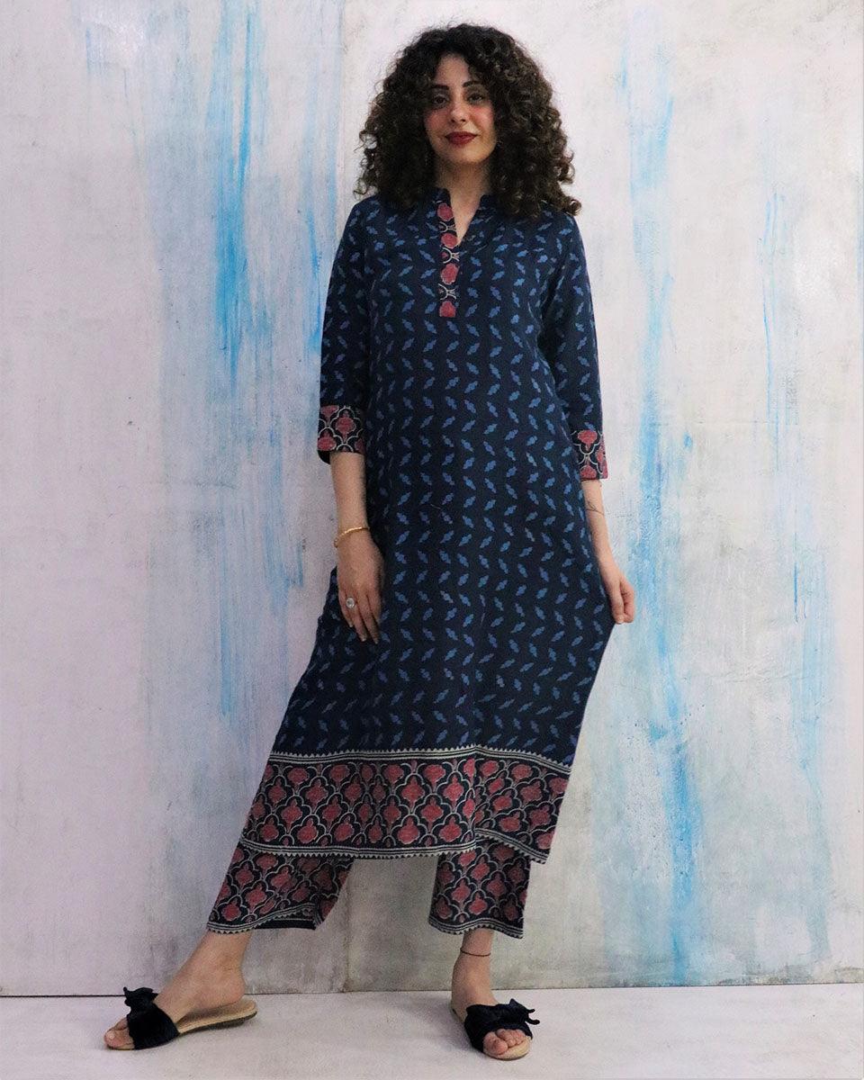 Indigo Kalp Blue Flowers Block Printed Cotton Pant- LD