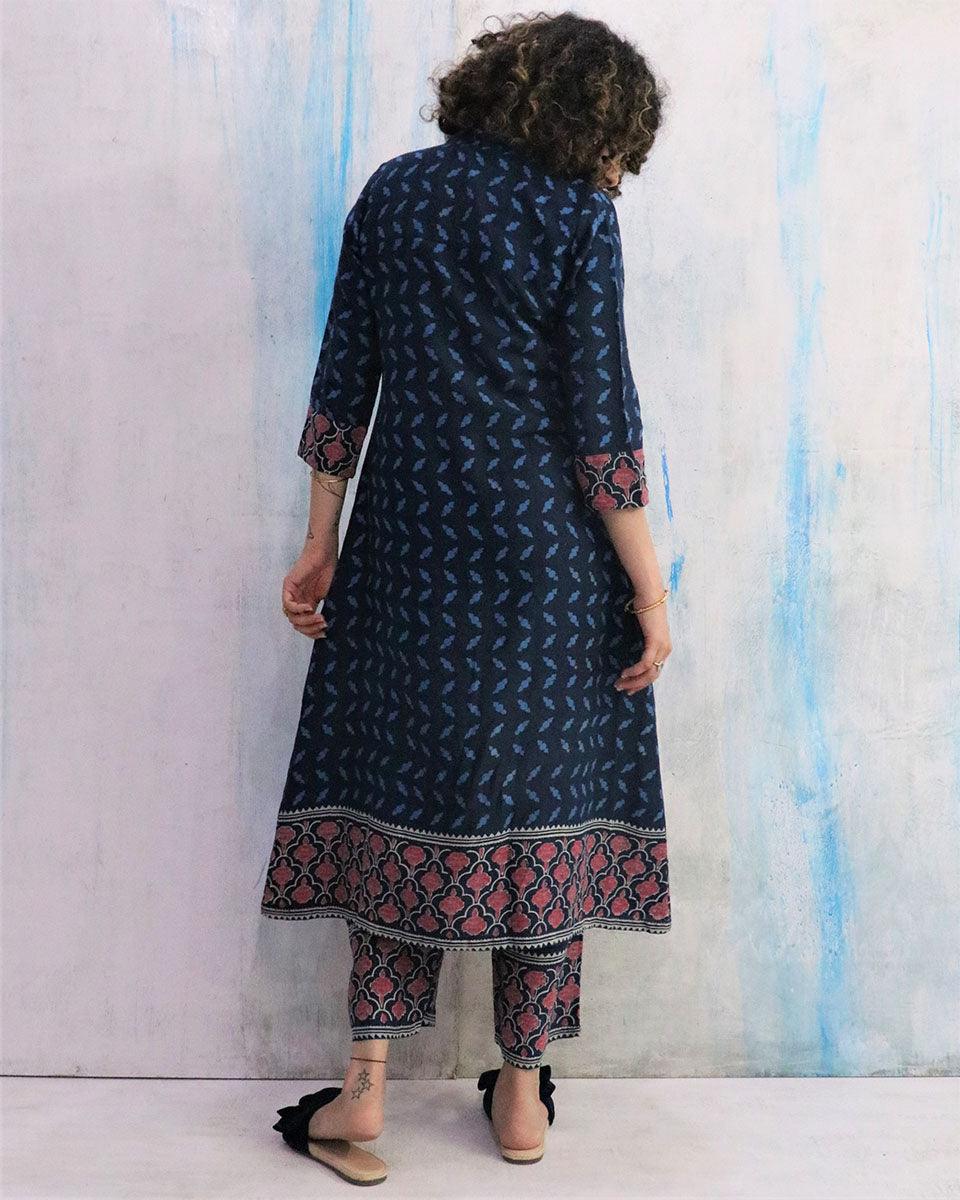 Indigo Kalp Blue Flowers Block Printed Cotton Pant- LD