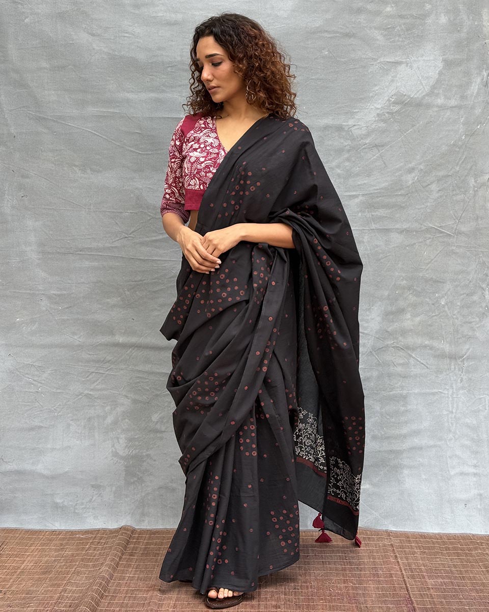 Song of Soil Black Block printed Cotton Saree
