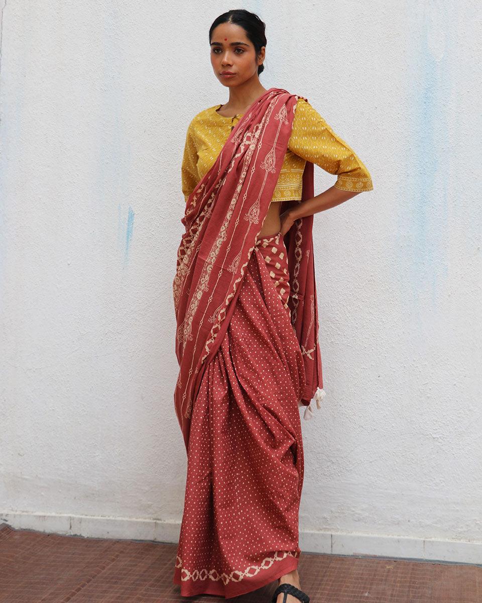 Carnival of Rust Brown Handblock Printed Cotton Sarees