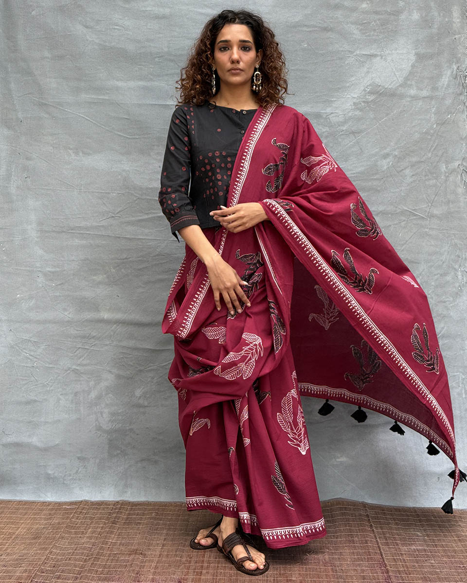 Breeze Maroon Block printed Cotton Saree