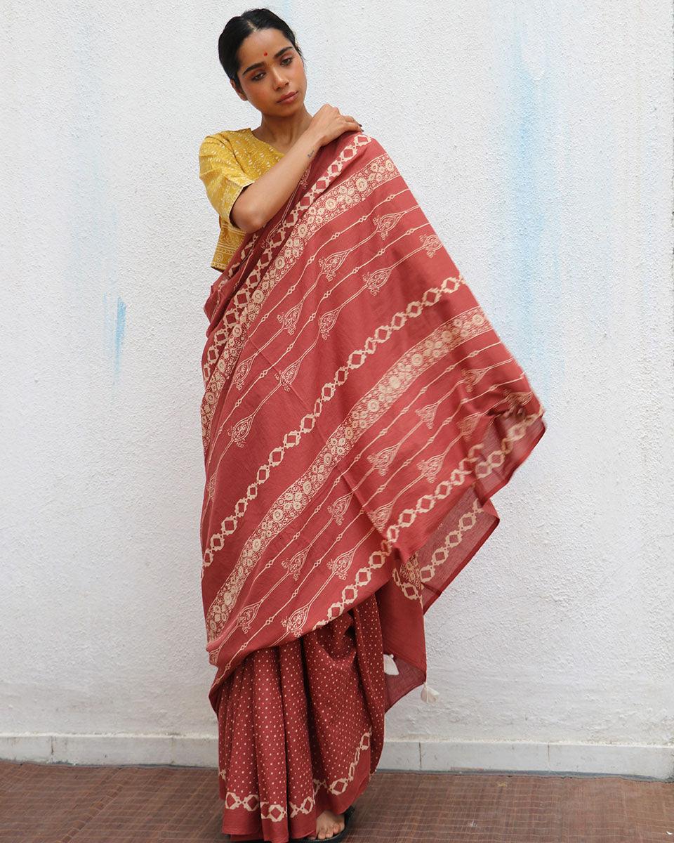 Carnival of Rust Brown Handblock Printed Cotton Sarees