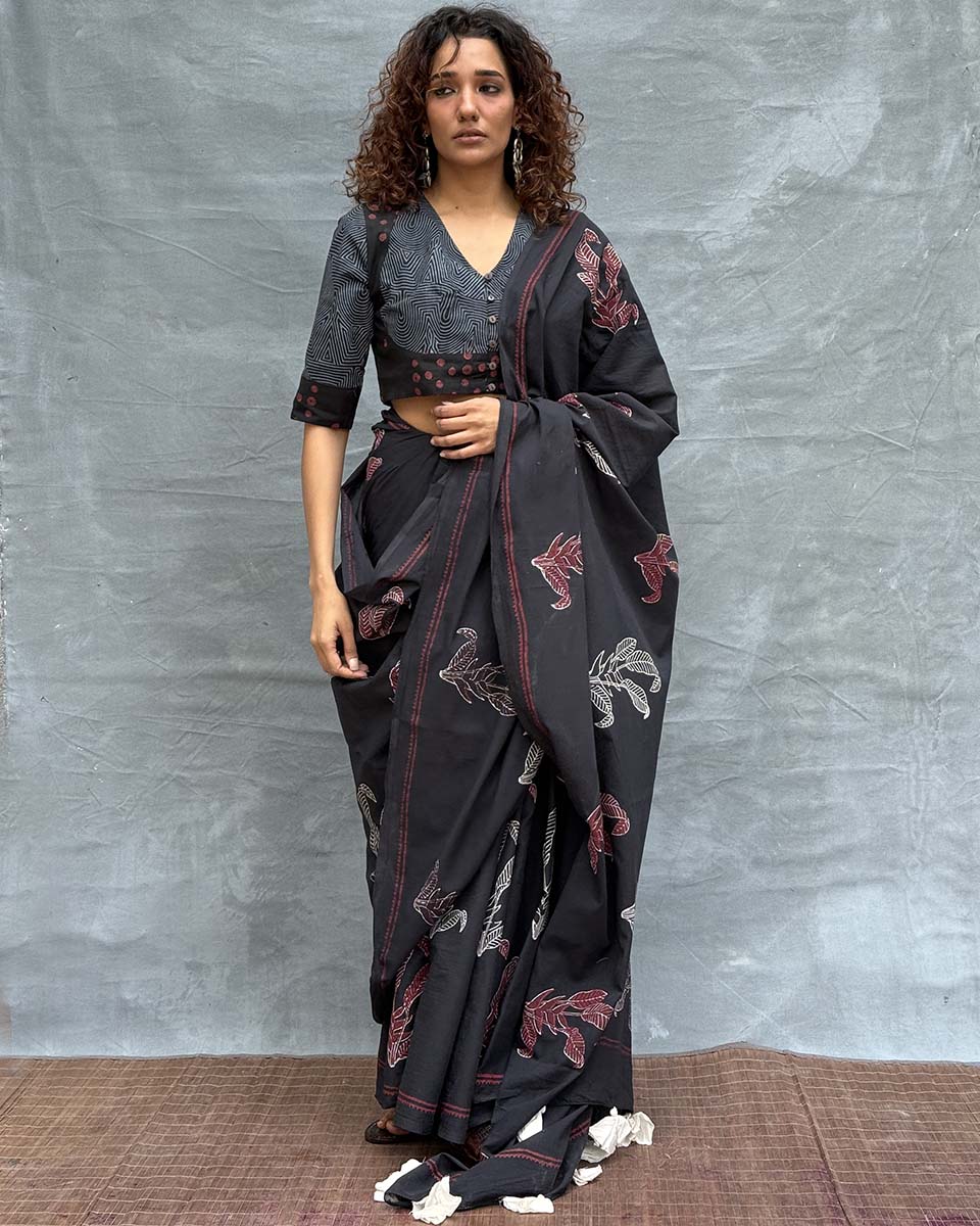Raindrop Black Block printed Cotton Saree
