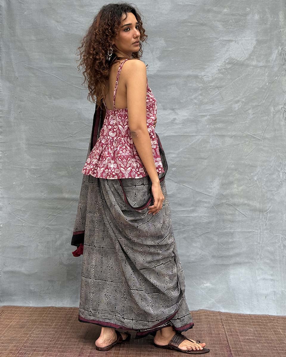 Blush of Dusk Black Block printed Cotton Saree