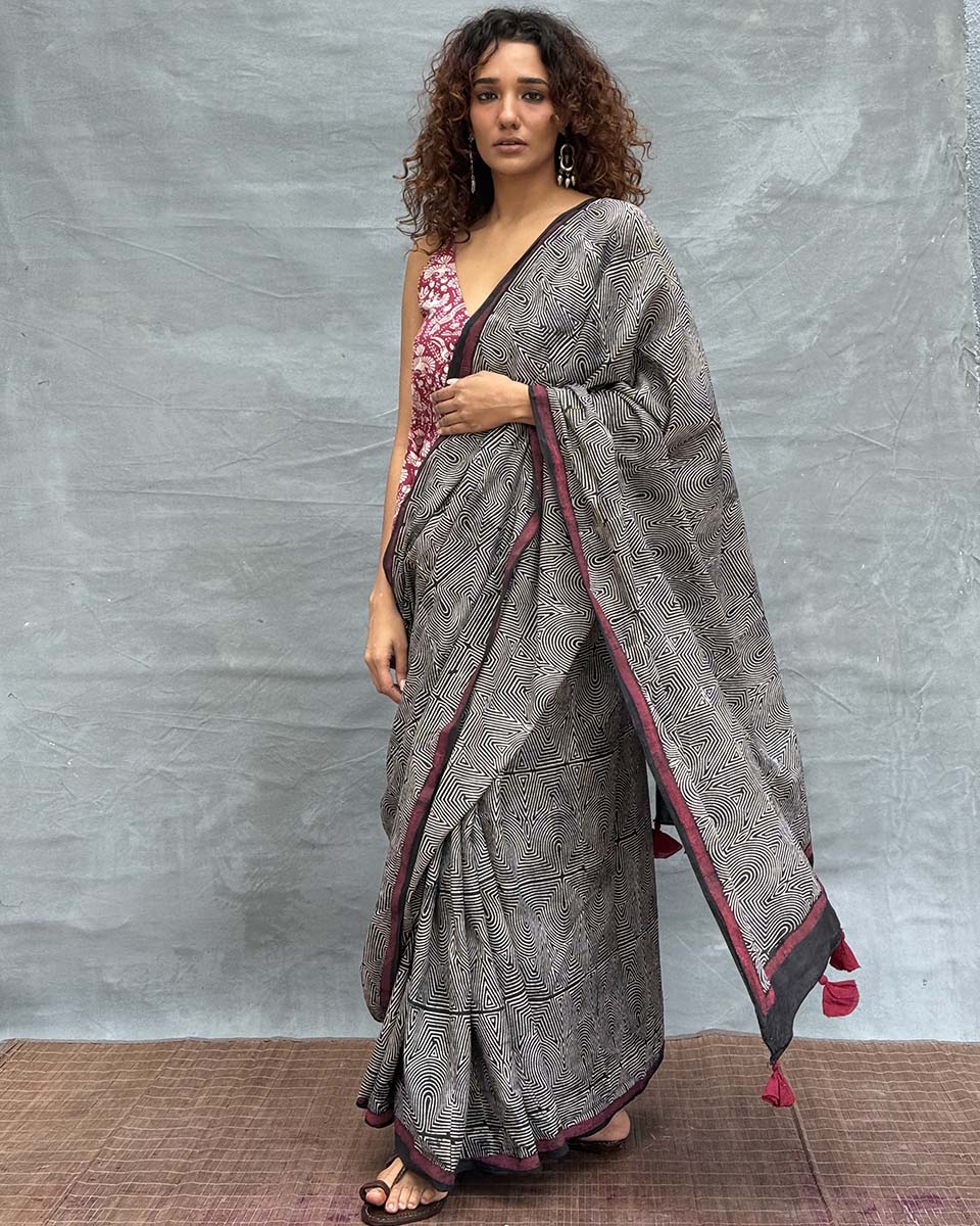 Blush of Dusk Black Block printed Cotton Saree