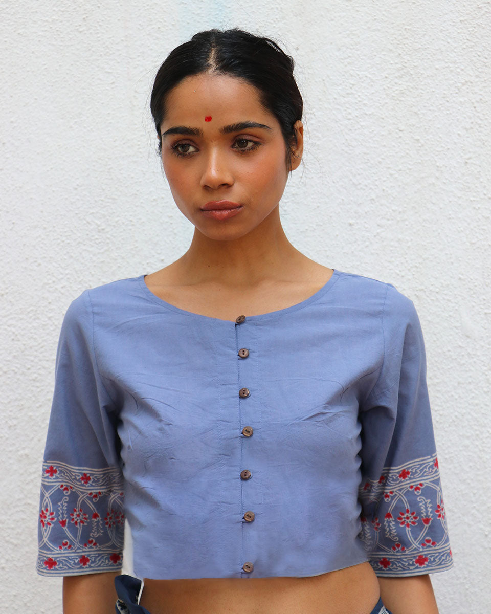 Petals in Fall Handblock Printed Cotton Crop Top Blouse
