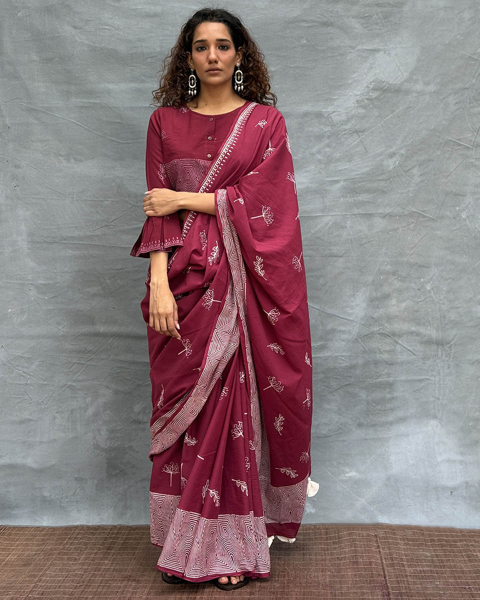 Wings over Waters Blockprinted Cotton Saree - Soil
