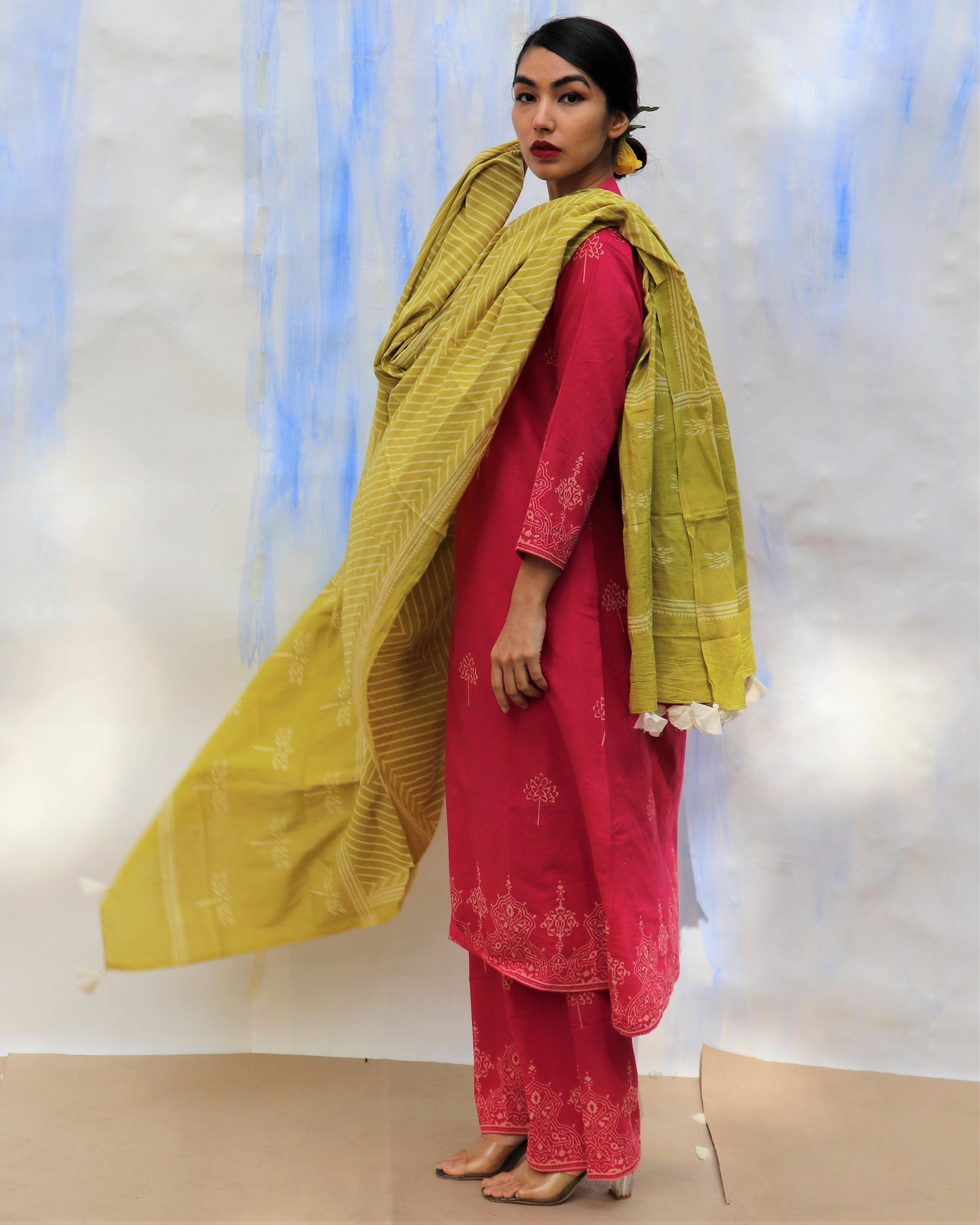 Parrot Green Handprinted Pure Cotton Dupatta -Skd