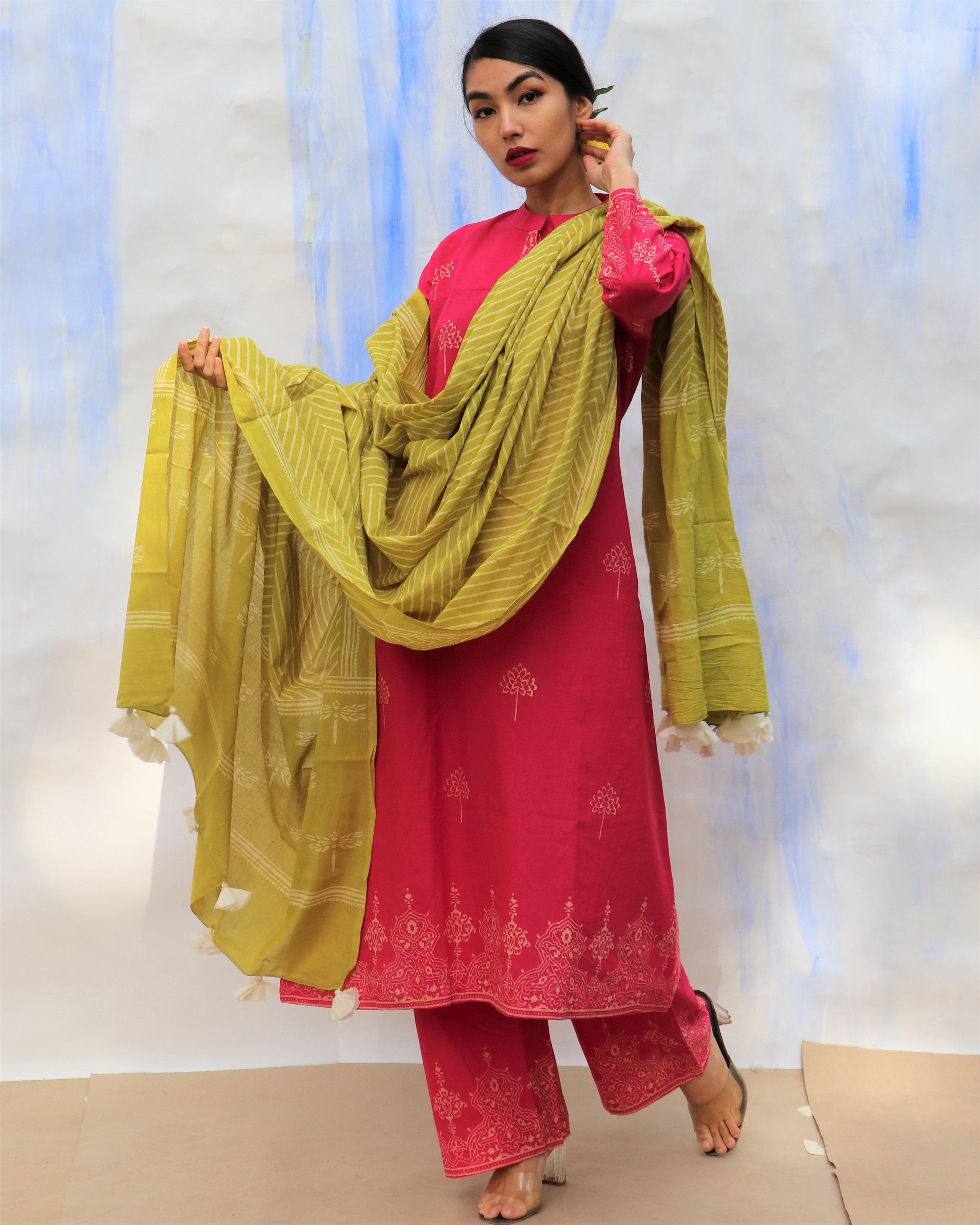 Parrot Green Handprinted Pure Cotton Dupatta -Skd