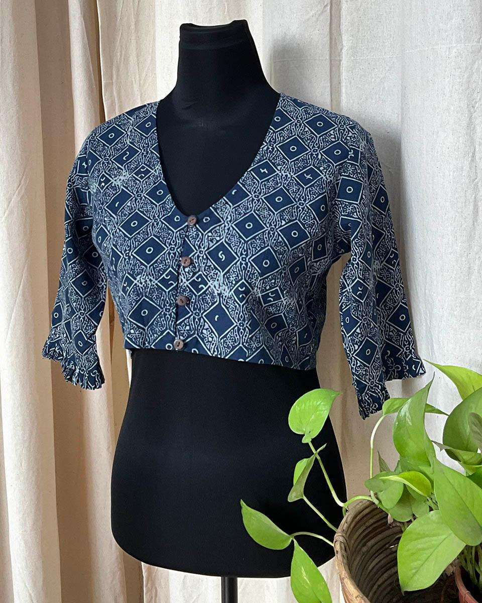 Blue HandBlock Printed Cotton Blouse - Love Despite