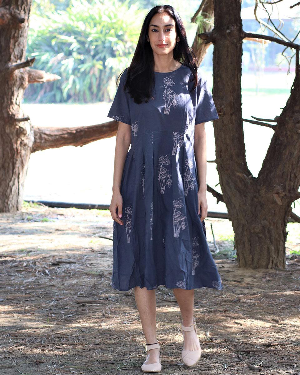Grey Wildflower Blockprinted Cotton Pleated Dress