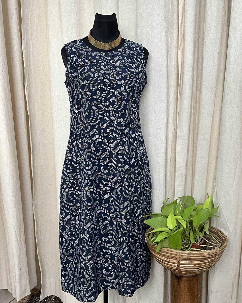 Blue handblock printed cotton dress - Love Despite