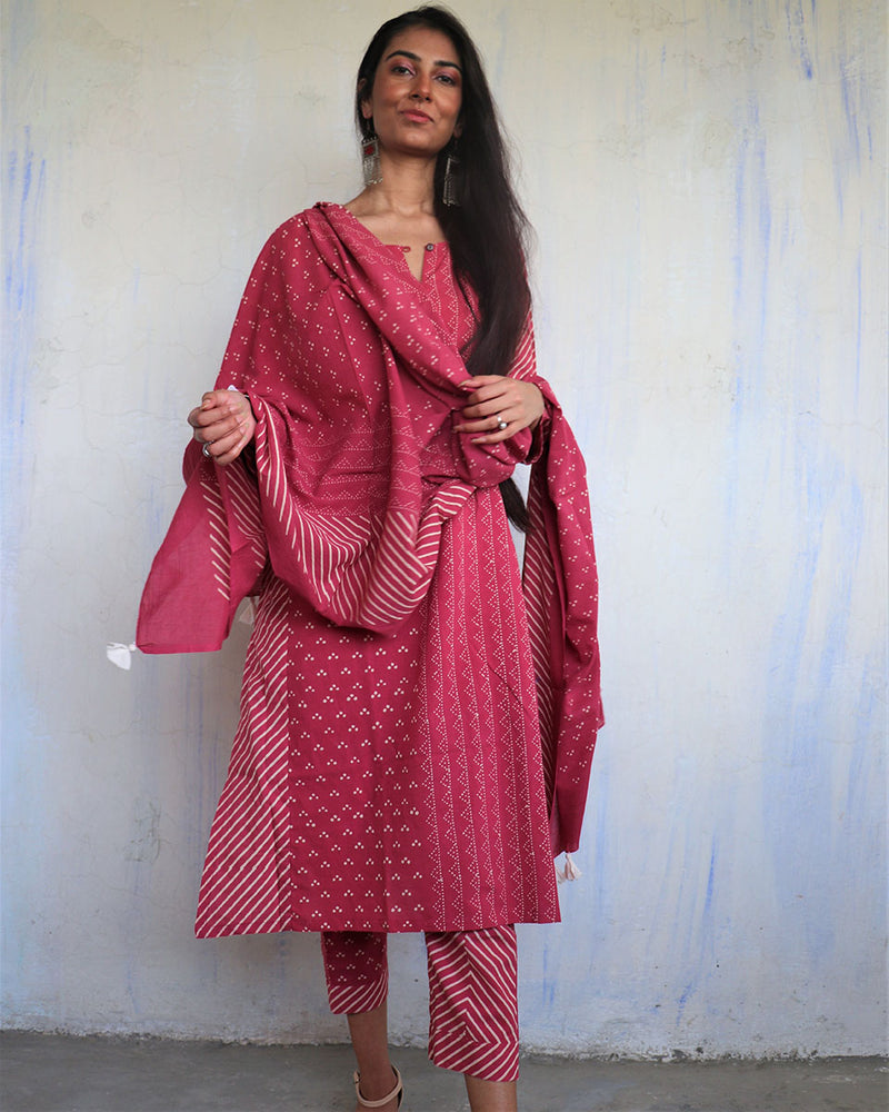 Pink Pure Cotton Block Printed Dupatta-Ajooni
