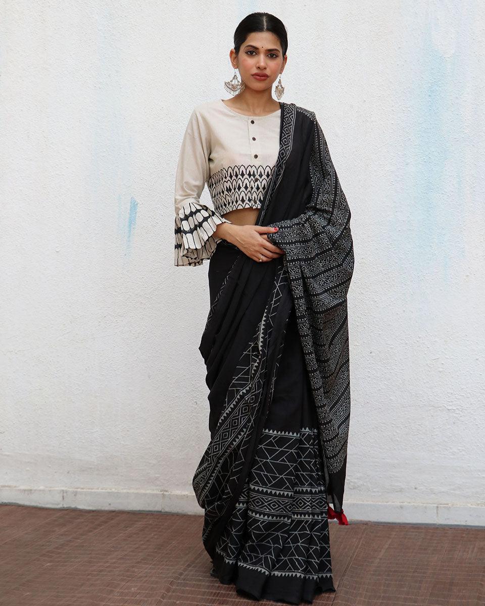 Abeona Blockprinted Cotton Saree - NOMAD