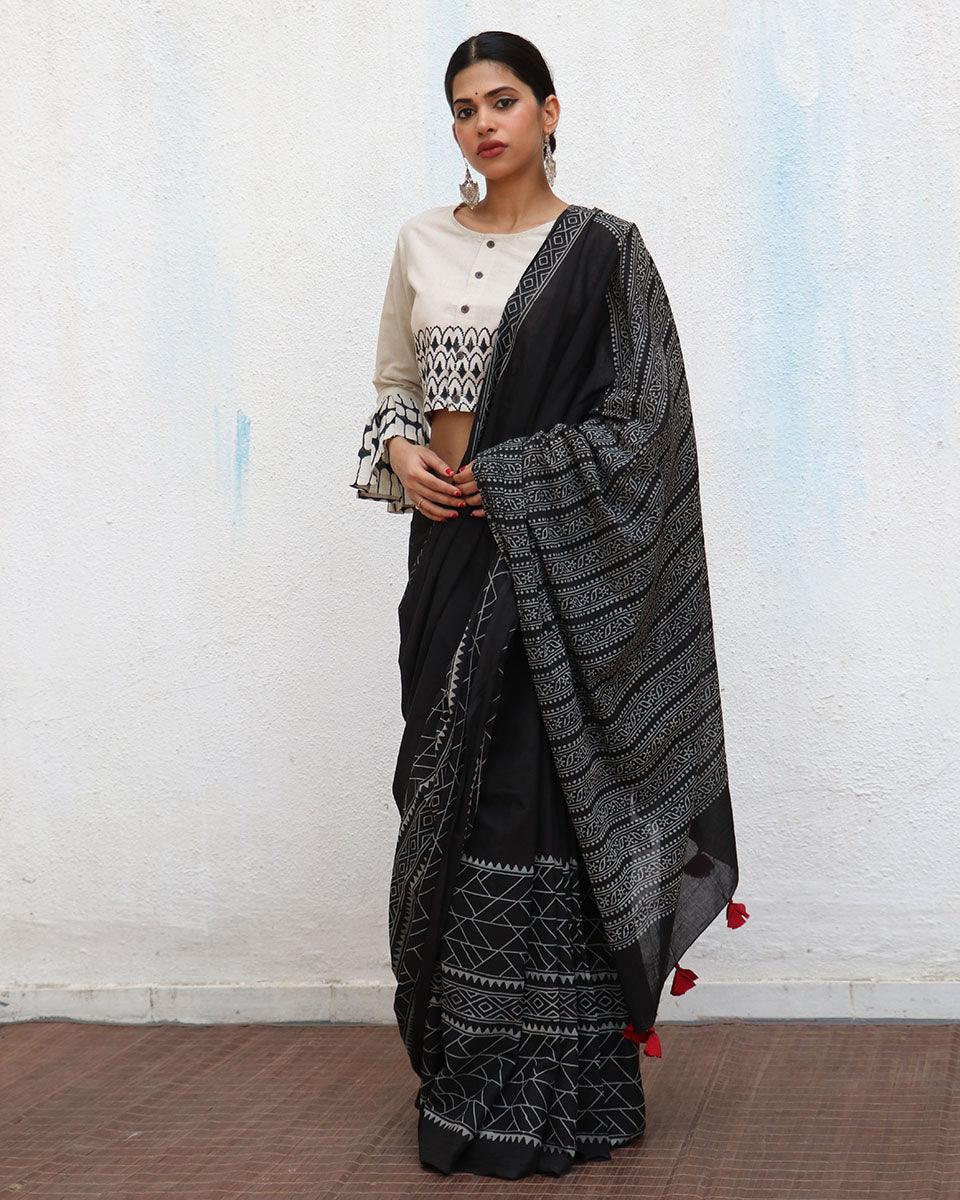 Abeona Blockprinted Cotton Saree - NOMAD