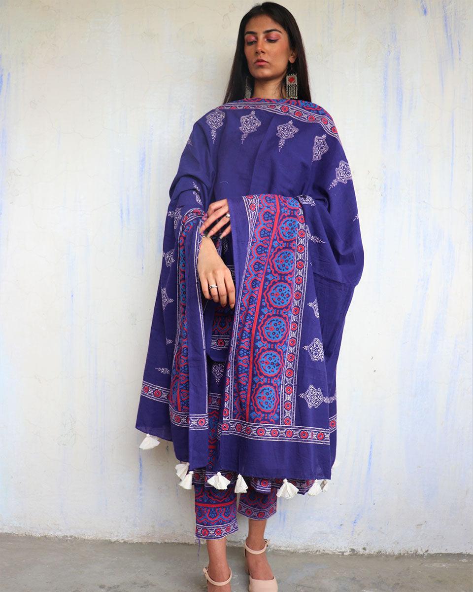 Blue Pure Cotton Block Printed Dupatta-Ajooni