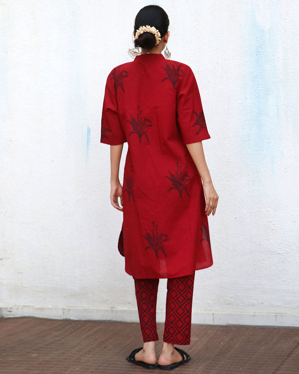 Graphite Ruby Red Blockprinted Cotton Pant - LD