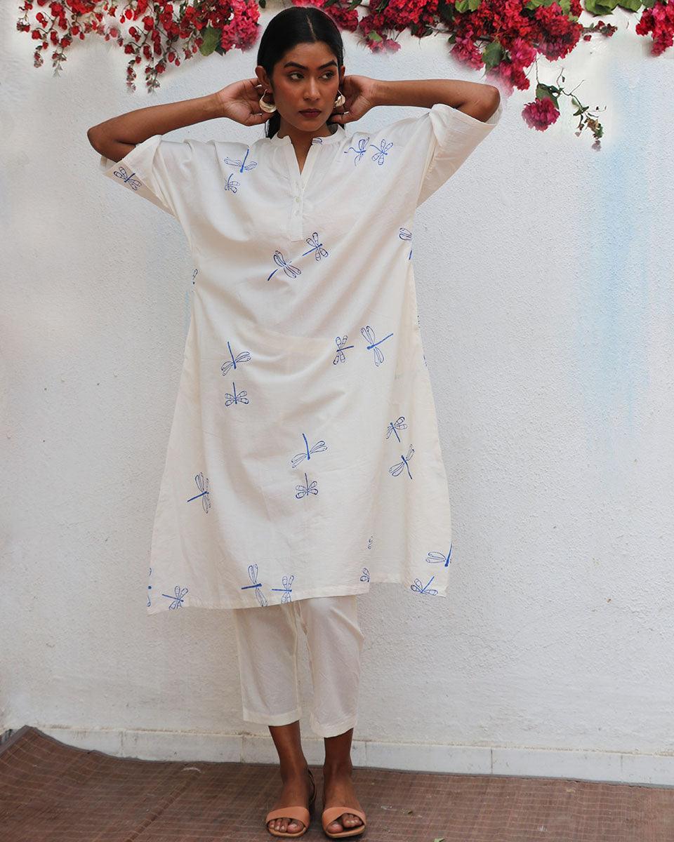 Blue Stroke White Block printed Cotton Kurta - LD
