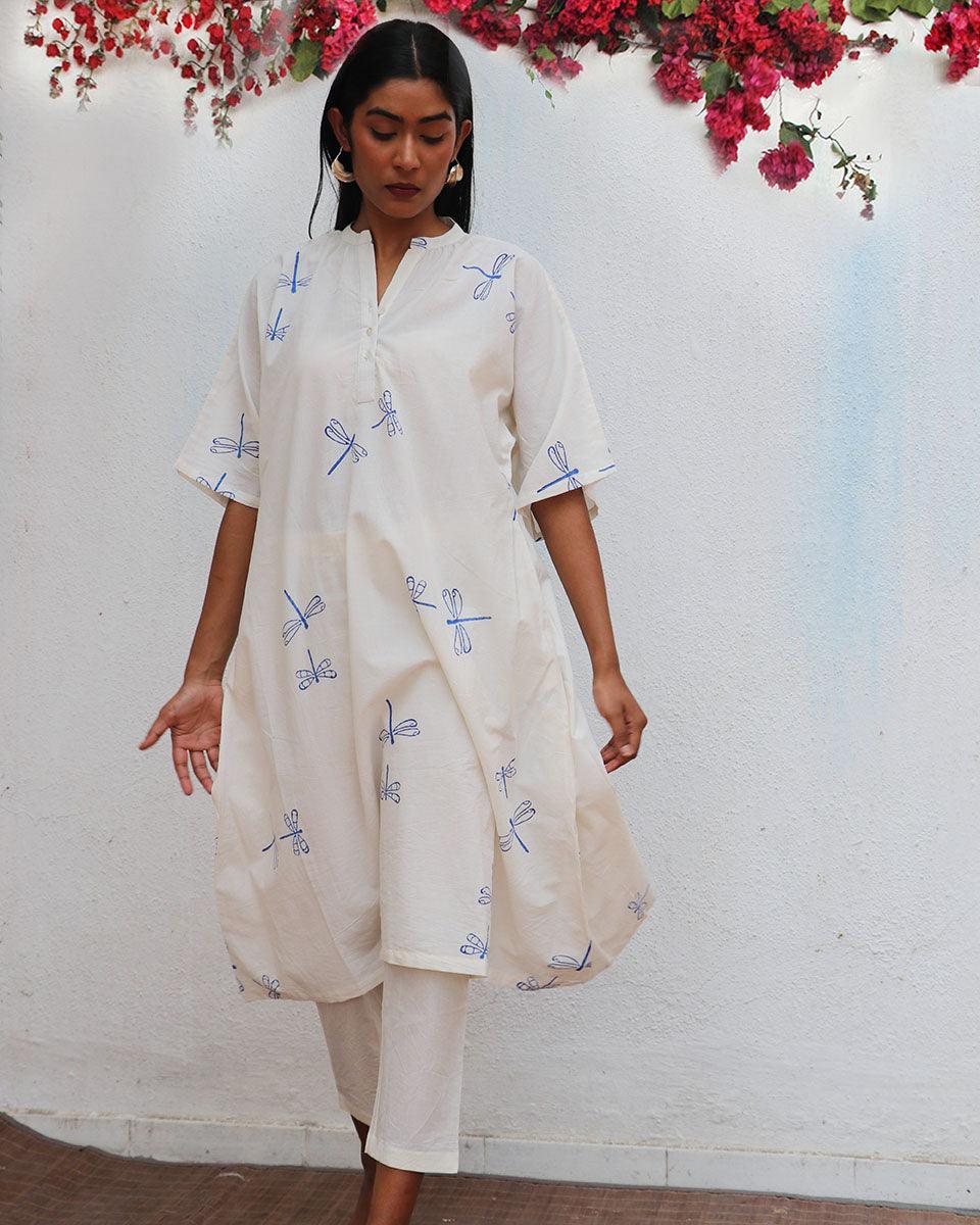 Blue Stroke White Block printed Cotton Kurta - LD