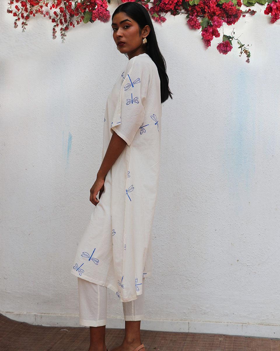 Blue Stroke White Block printed Cotton Kurta - LD