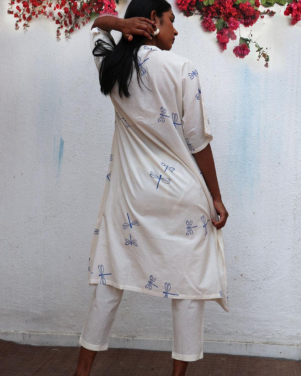 Blue Stroke White Block printed Cotton Kurta - LD