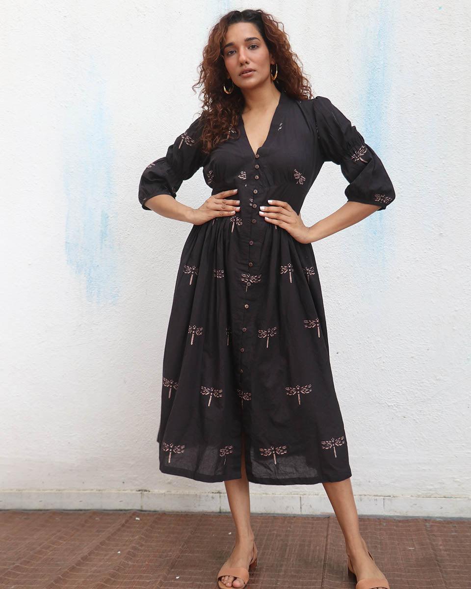 Buy Laid Black Cotton Dress