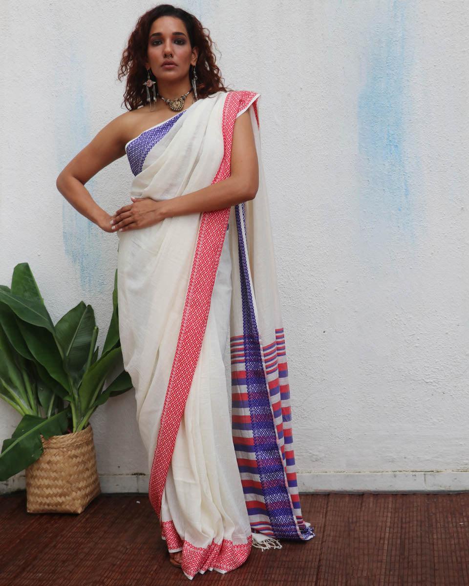 Katyayani Ivory Handwoven Linen Cotton Jamdani Saree - Uma