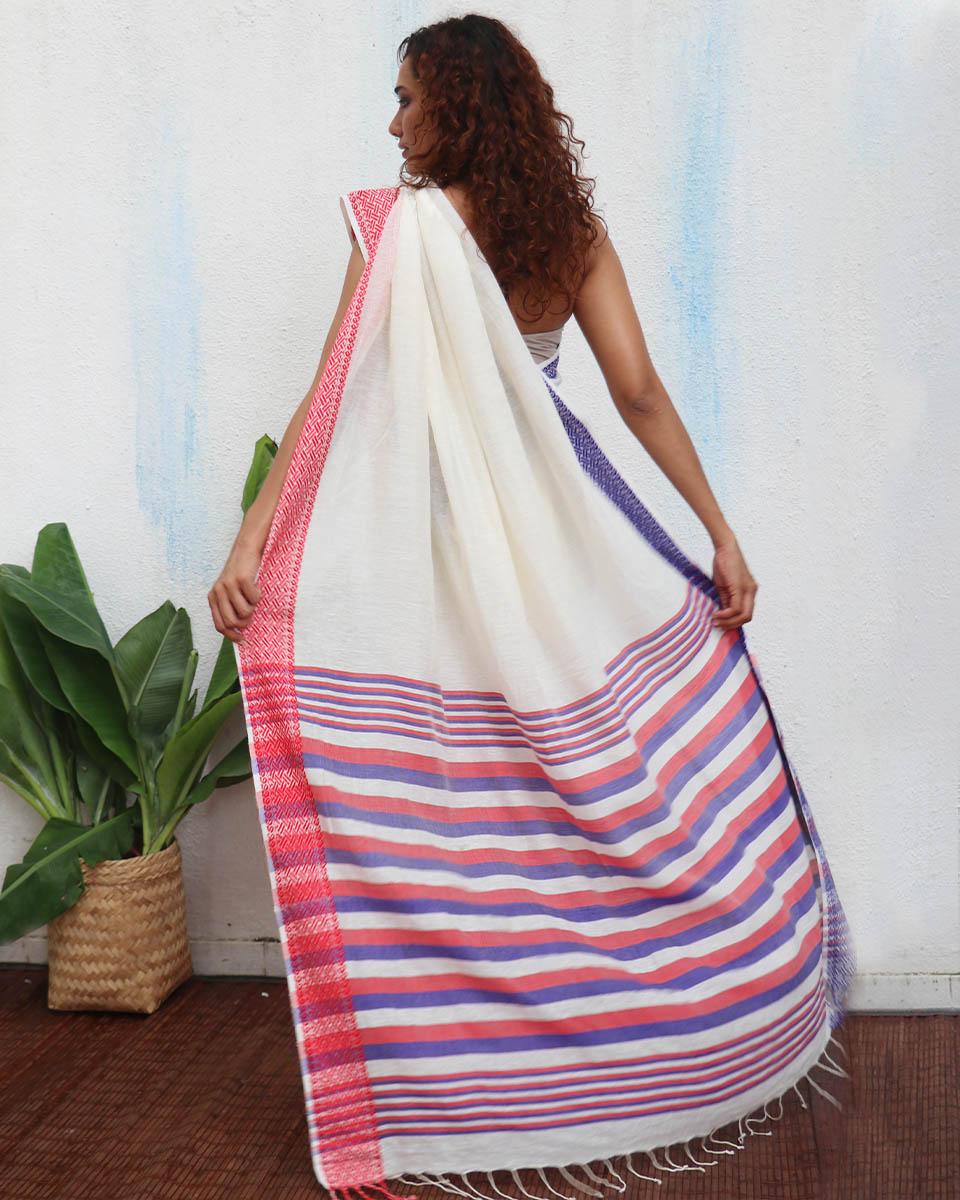 Katyayani Ivory Handwoven Linen Cotton Jamdani Saree - Uma