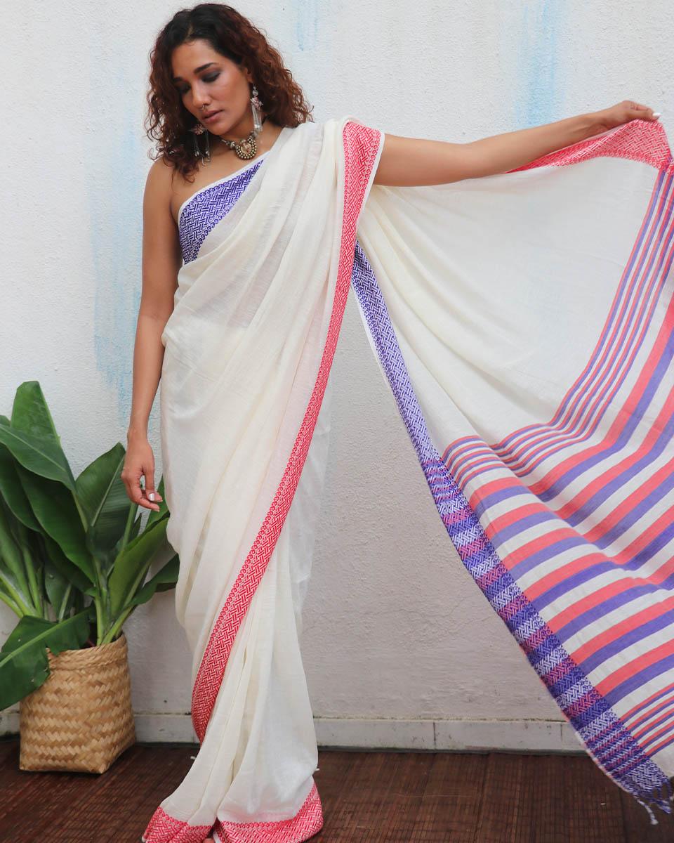 Katyayani Ivory Handwoven Linen Cotton Jamdani Saree - Uma