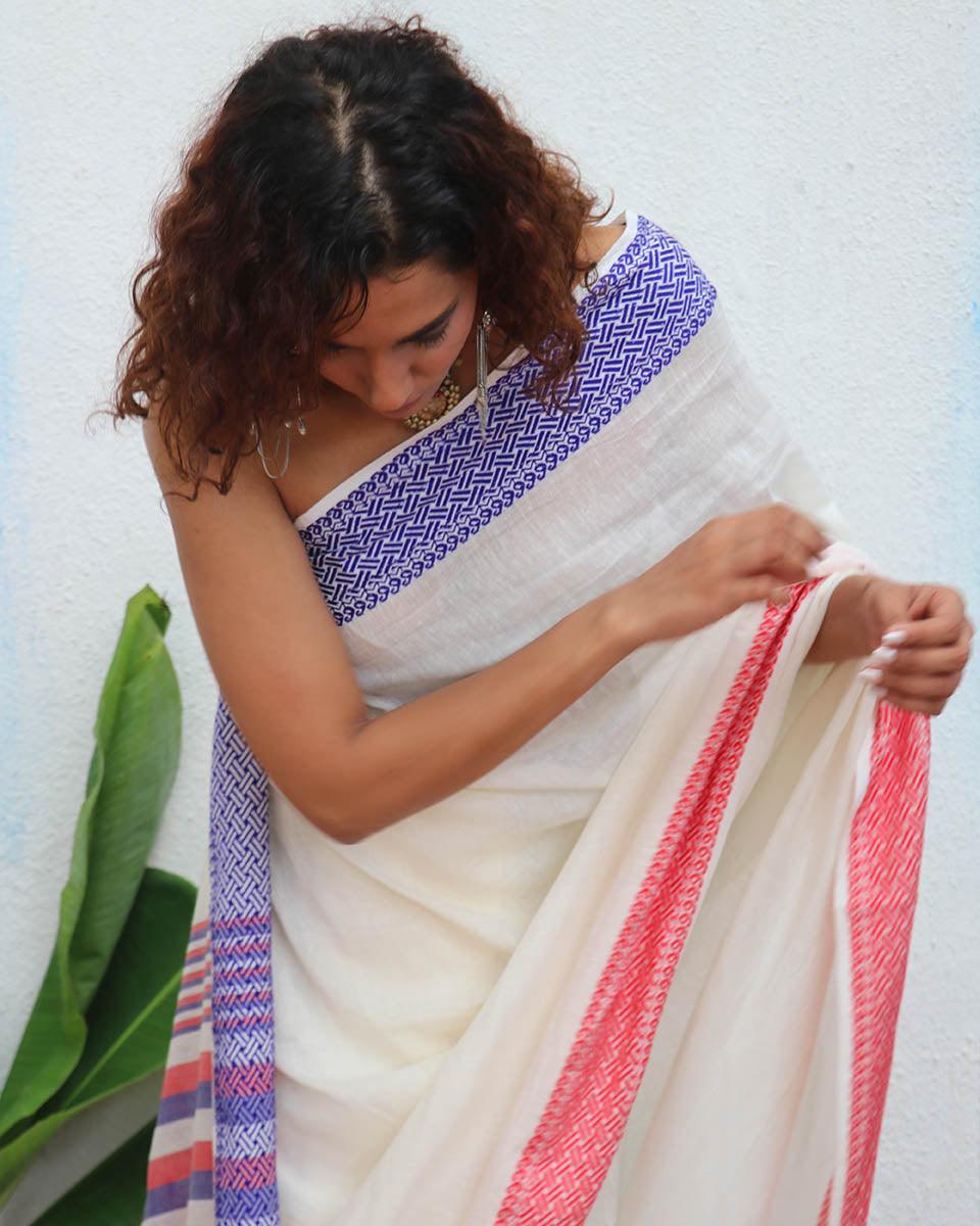 Katyayani Ivory Handwoven Linen Cotton Jamdani Saree - Uma