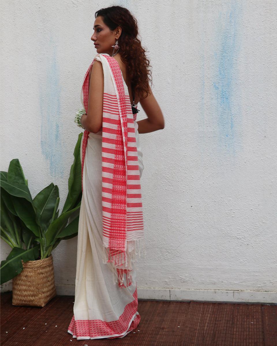 Chitra Ivory Handwoven Linen Cotton Jamdani Saree - Uma