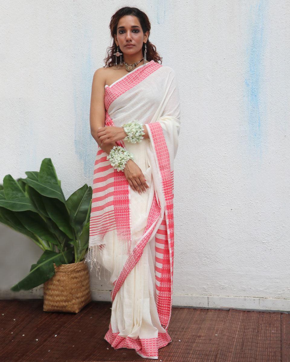Chitra Ivory Handwoven Linen Cotton Jamdani Saree - Uma