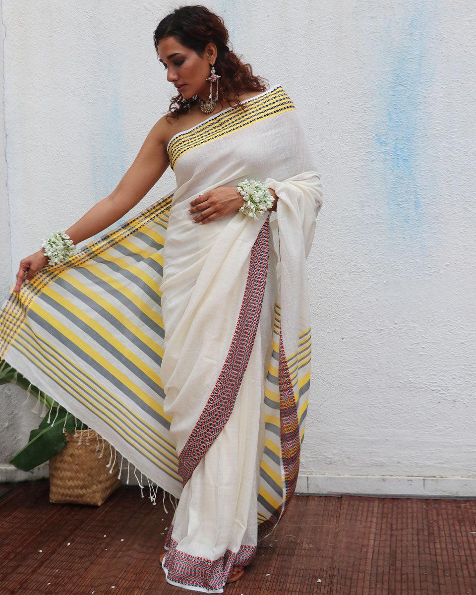 Gauri Ivory Handwoven Linen Cotton Jamdani Saree - Uma