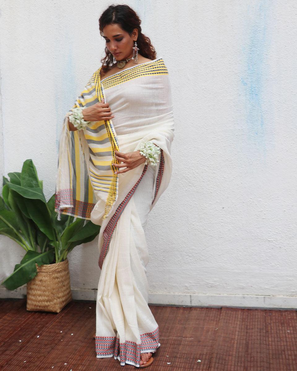 Gauri Ivory Handwoven Linen Cotton Jamdani Saree - Uma