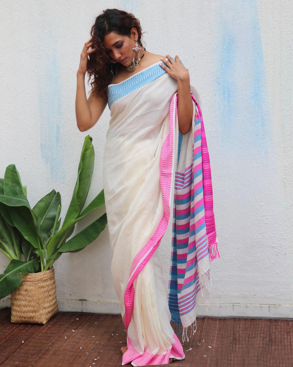 Sadhvi Ivory Handwoven Linen Cotton Jamdani Saree - Uma